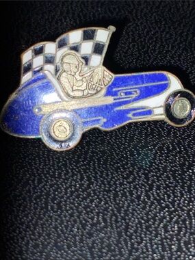 Hookfast Vintage Enamel Pin - Blue Race Car With Checkered Flags